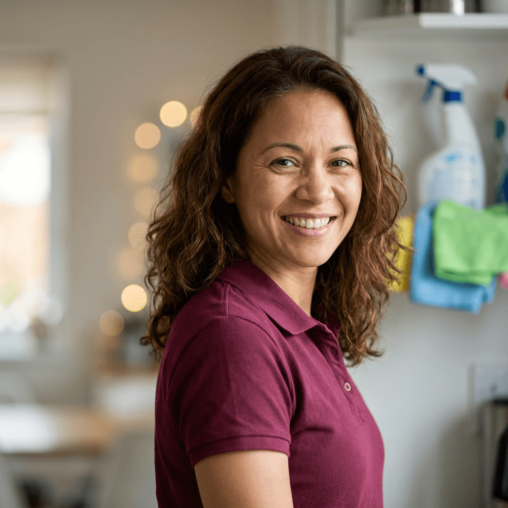 Female cleaner smiling in a bright Chicago living room holding cleaning supplies