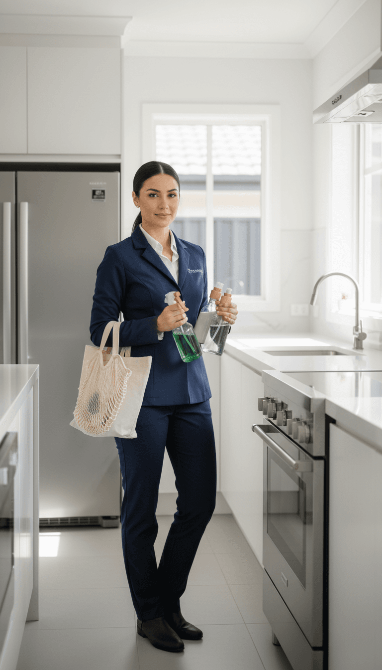 Bright, documentary-style photo of a professional cleaner in a light blue uniform smiling while holding a spray bottle and microfiber cloth in a sunlit Chicago apartment living room