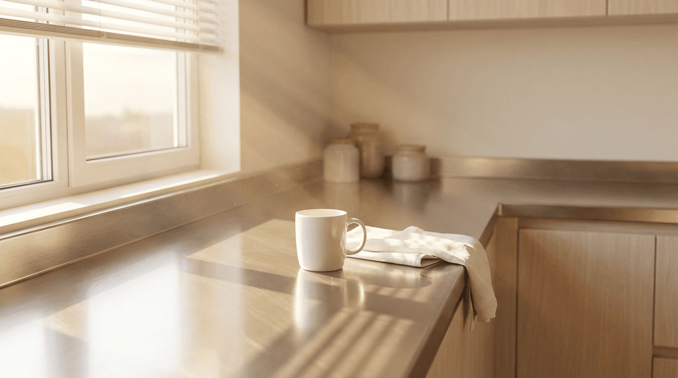 Documentary-style photography of a bright empty apartment before a new tenant arrives, a professional cleaner in the background wiping down a kitchen counter