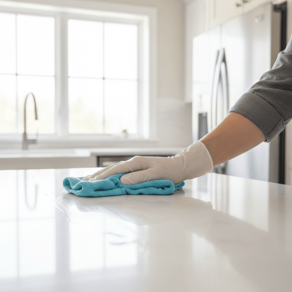 A bright documentary-style wide shot of a professional cleaner in a Chicago apartment wiping down a kitchen counter with a microfiber cloth