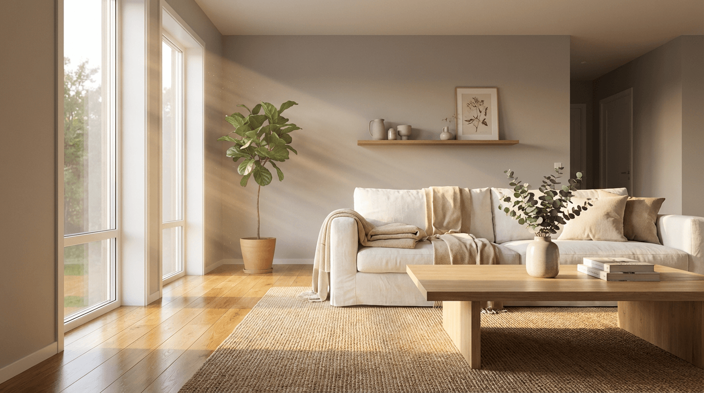 Bright, candid lifestyle photography capturing a cheerful living room after a thorough cleaning, sun streaming through windows onto a plush sofa and a gleaming wood floor