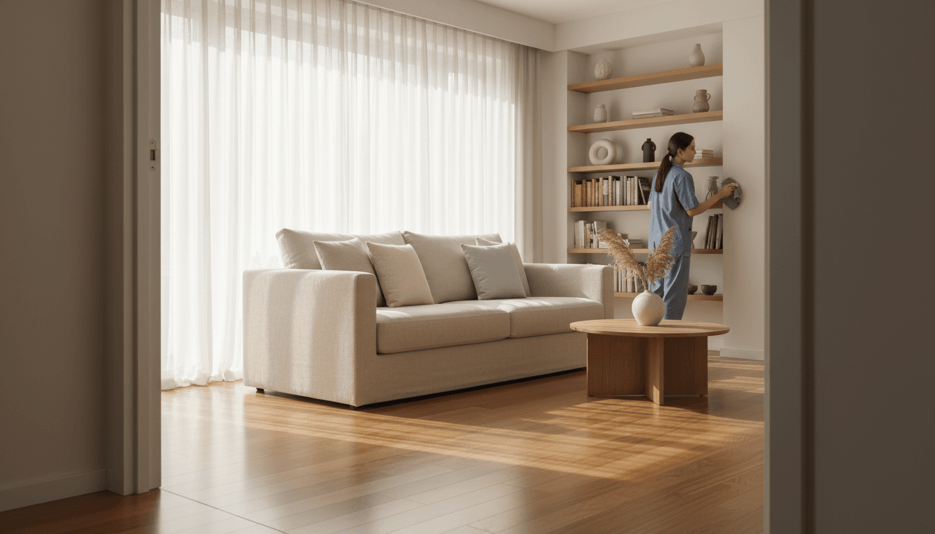 Professional cleaner in a bright Chicago living room wiping a coffee table