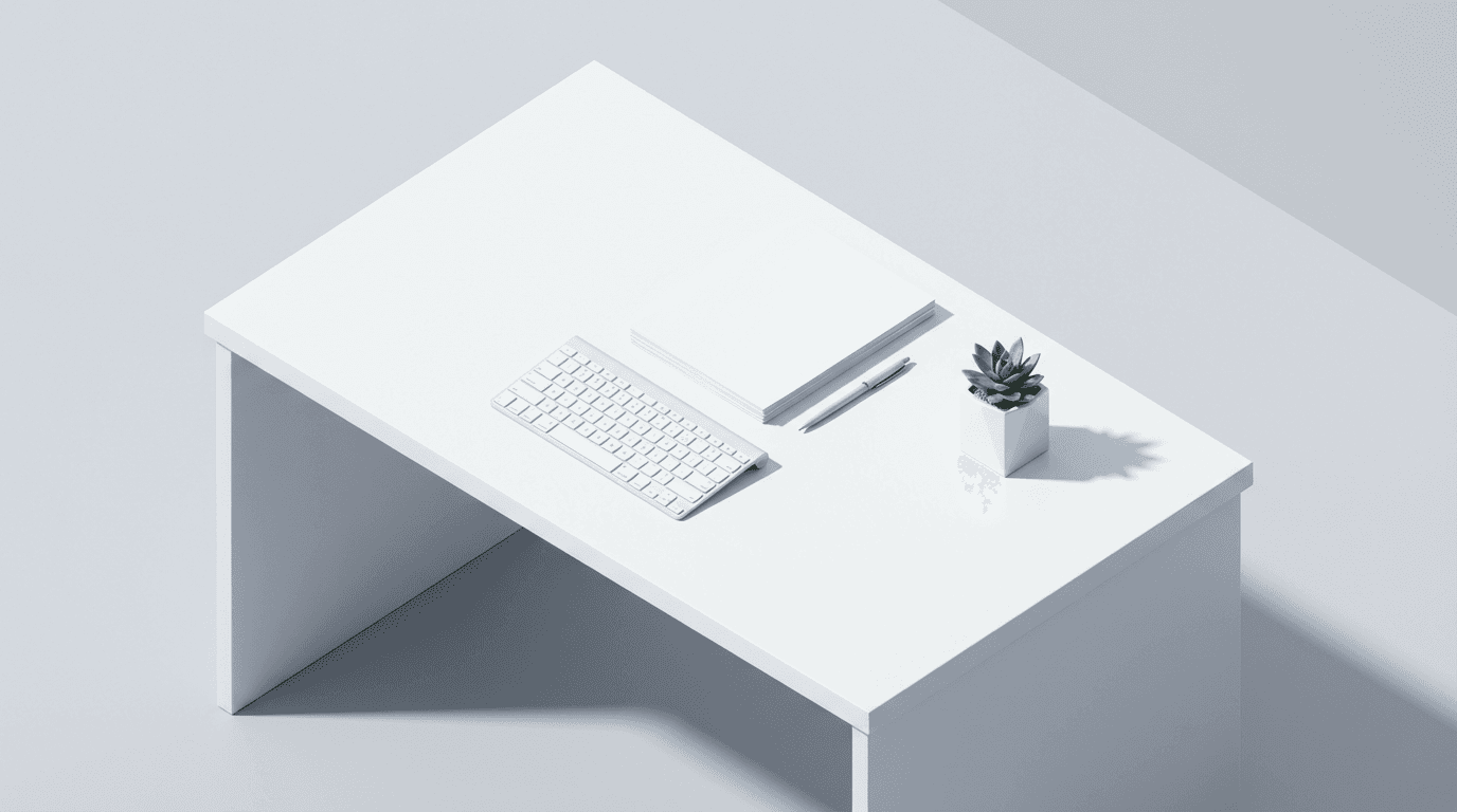 Overhead photography of a small modern office space after cleaning, desks organized, monitors dusted, floors polished and reflective